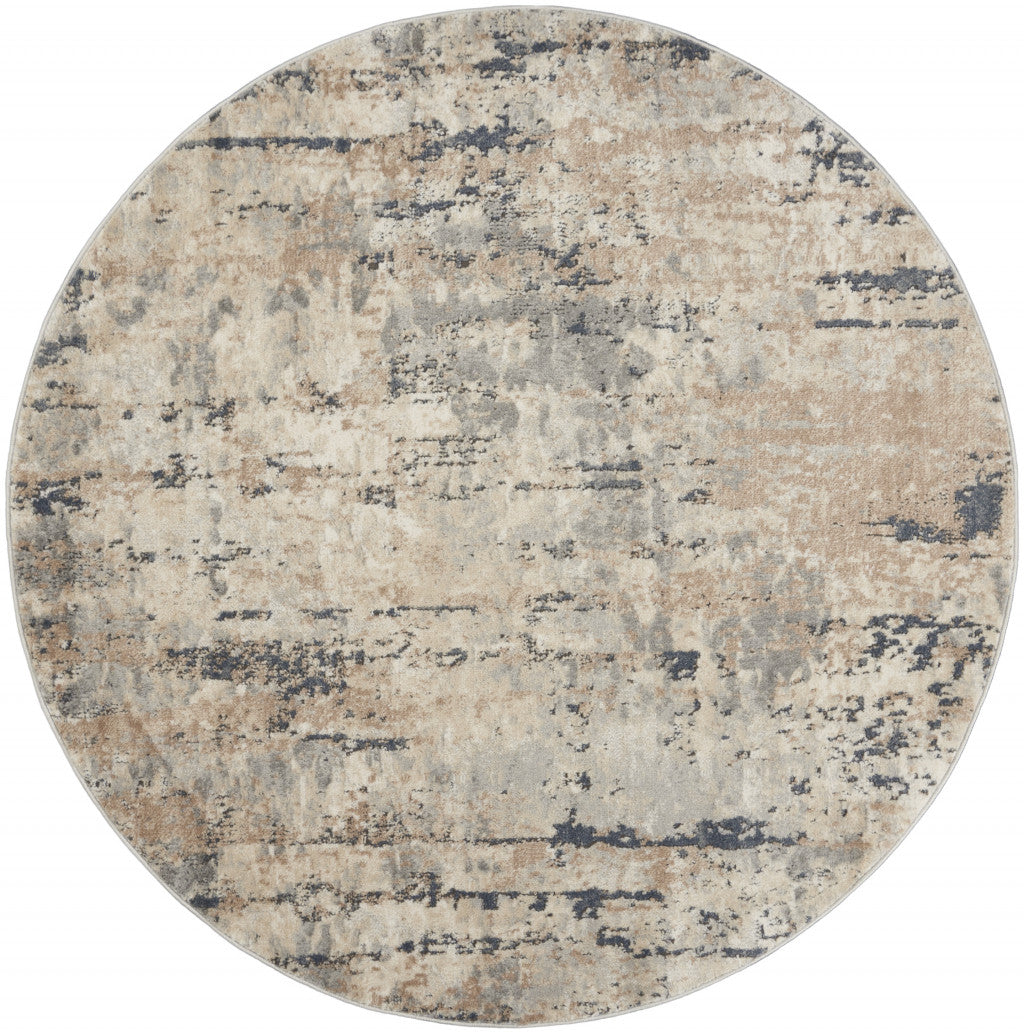 4' X 4' Beige And Grey Round Abstract Power Loom Non Skid Area Rug - 96.0" (L) x 126.0" (W) x 0.5" (H)