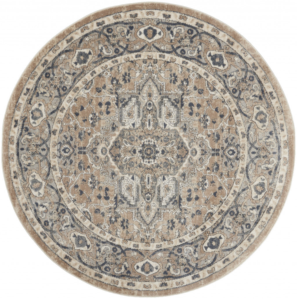 4' X 4' Beige And Grey Round Oriental Power Loom Non Skid Area Rug - 96.0" (L) x 126.0" (W) x 0.5" (H)