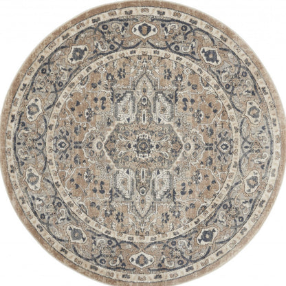 4' X 4' Beige And Grey Round Oriental Power Loom Non Skid Area Rug - 96.0" (L) x 126.0" (W) x 0.5" (H)