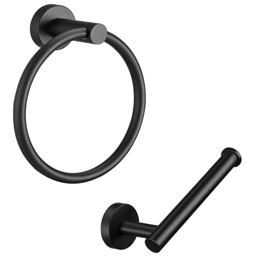 Set of Two Black Stainless Steel Wall Mount Towel Ring and Toilet Paper Holder — view 1