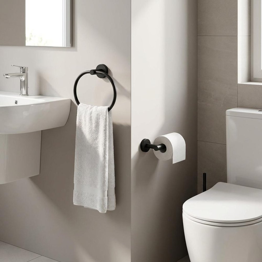 Set of Two Black Stainless Steel Wall Mount Towel Ring and Toilet Paper Holder — view 9