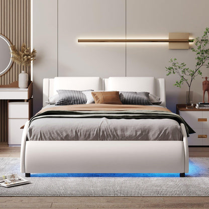 Full Size Upholstered Faux Leather Platform Bed with LED Light Bed Frame with Slatted - White - FurniFindUSA