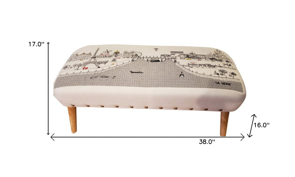 38" Cream Wool and Brown Ottoman HomeRoots