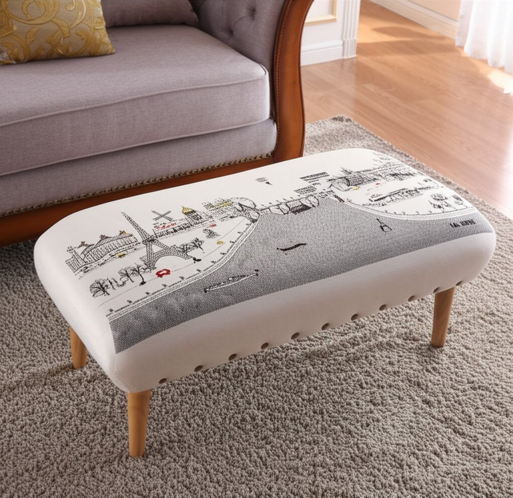 38" Cream Wool and Brown Ottoman HomeRoots