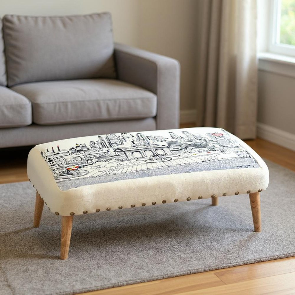 38" Cream Wool And Brown Ottoman HomeRoots