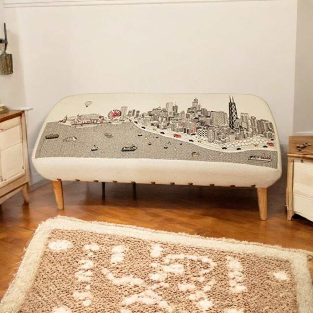 38" Cream Wool and Brown Ottoman HomeRoots