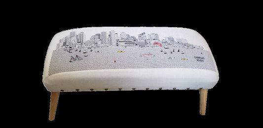 38" Cream And Natural Boston Daytime Skyline Embroidered Ottoman HomeRoots