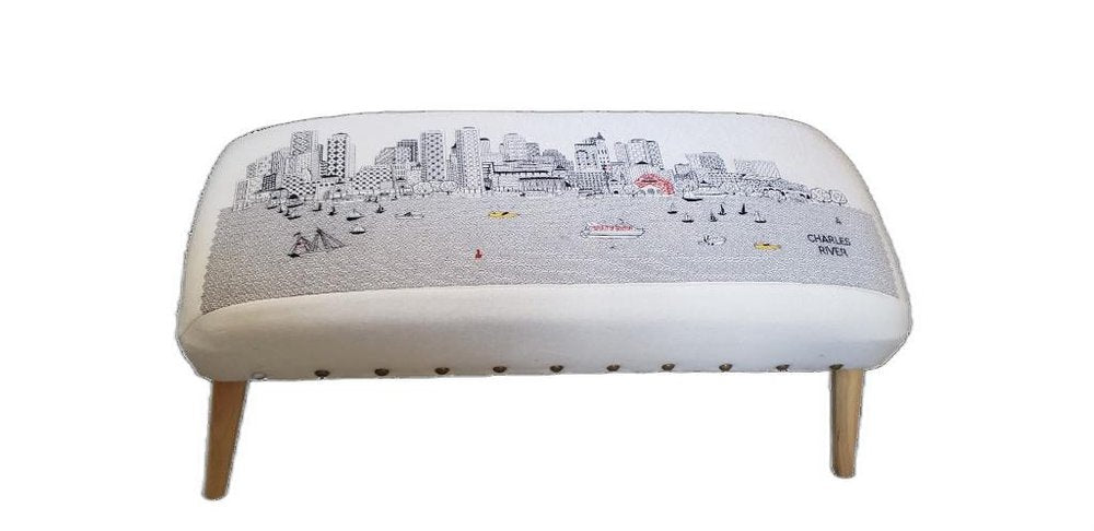 38" Cream And Natural Boston Daytime Skyline Embroidered Ottoman HomeRoots