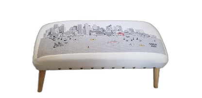 38" Cream And Natural Boston Daytime Skyline Embroidered Ottoman HomeRoots