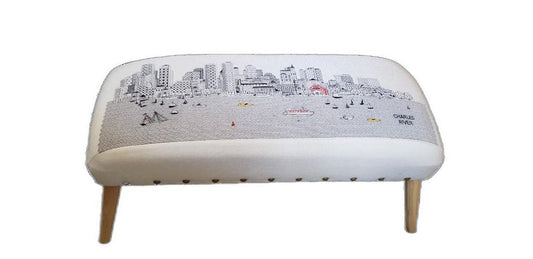 38" Cream And Natural Boston Daytime Skyline Embroidered Ottoman HomeRoots
