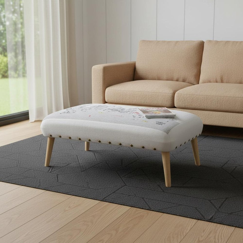 38" Cream And Natural Boston Daytime Skyline Embroidered Ottoman HomeRoots