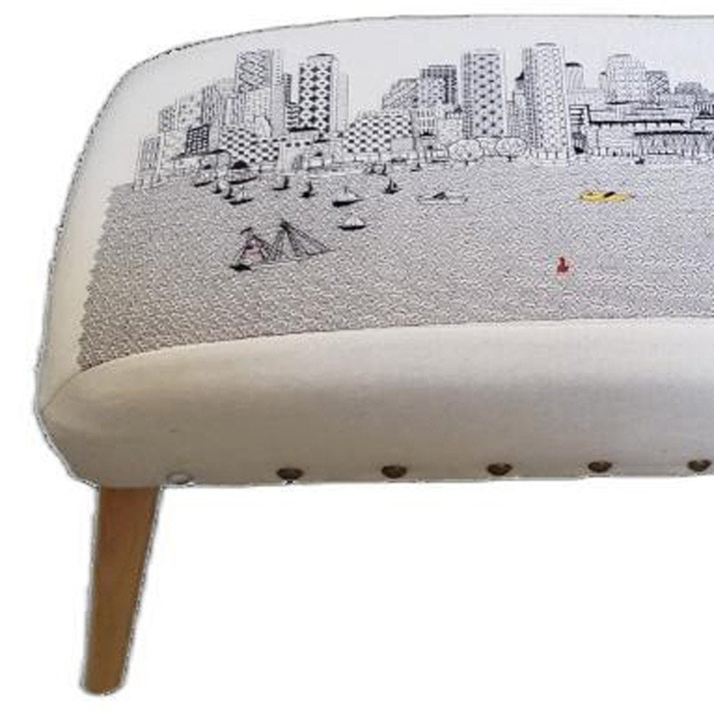 38" Cream And Natural Boston Daytime Skyline Embroidered Ottoman HomeRoots