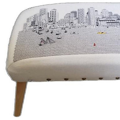38" Cream And Natural Boston Daytime Skyline Embroidered Ottoman HomeRoots
