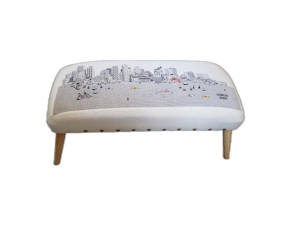 38" Cream And Natural Boston Daytime Skyline Embroidered Ottoman HomeRoots