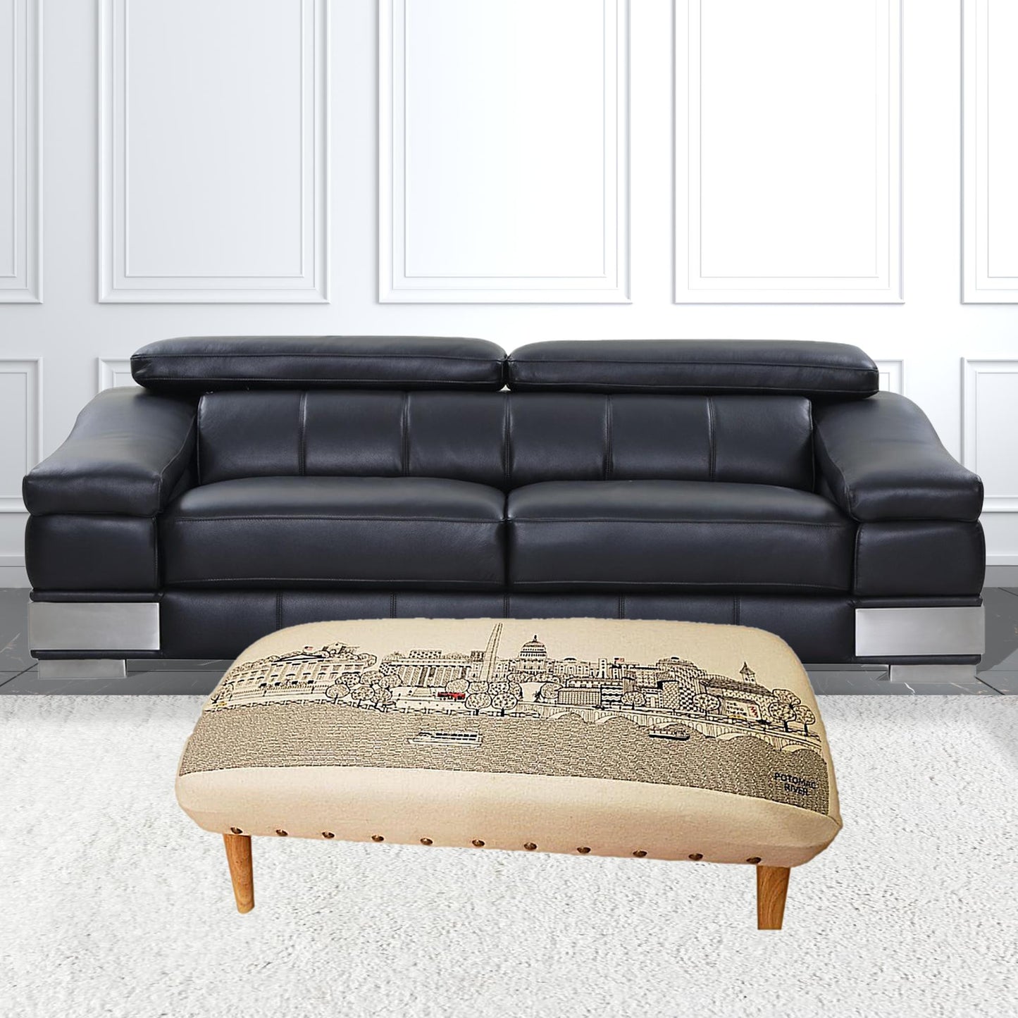 38" Cream Wool And Brown Ottoman