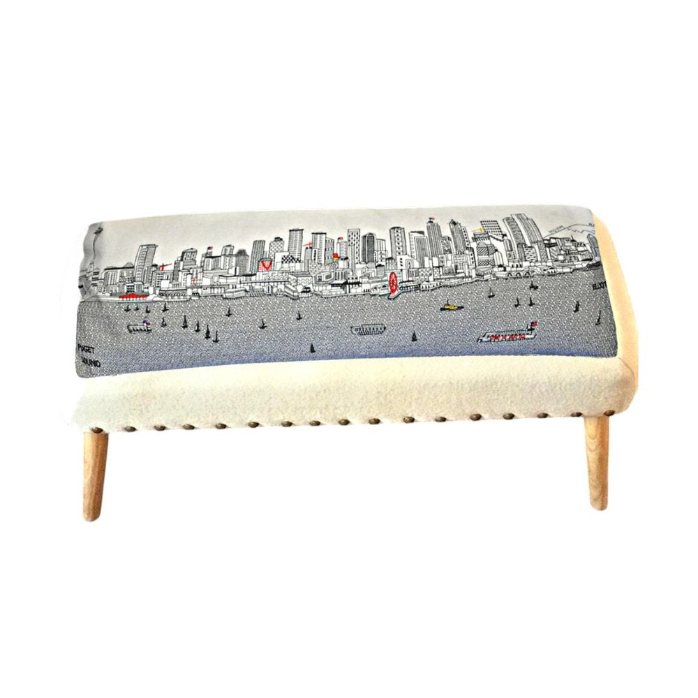 38" Cream Wool and Brown Ottoman HomeRoots