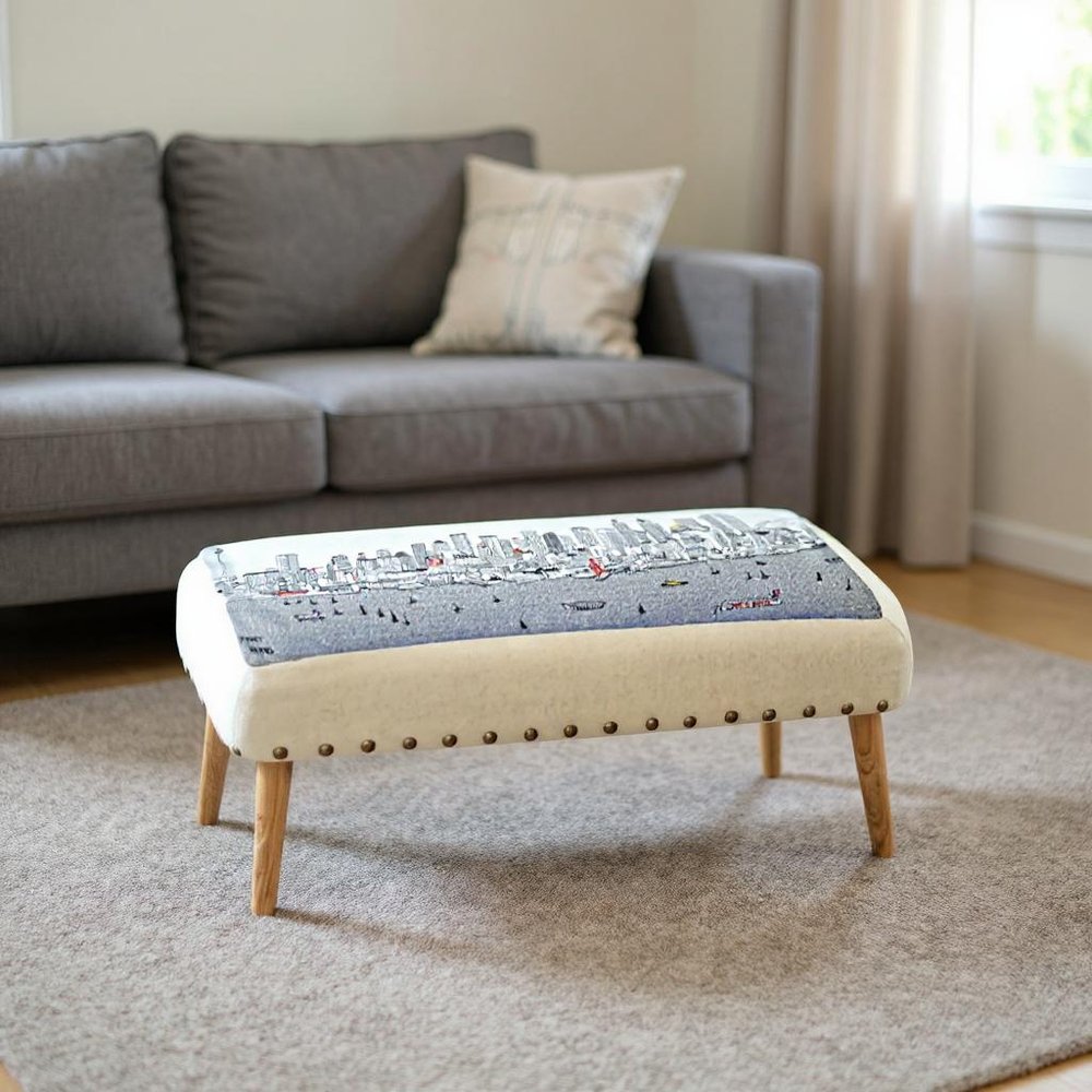 38" Cream Wool and Brown Ottoman HomeRoots