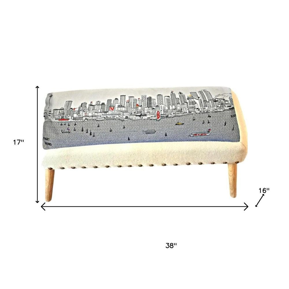 38" Cream Wool and Brown Ottoman HomeRoots
