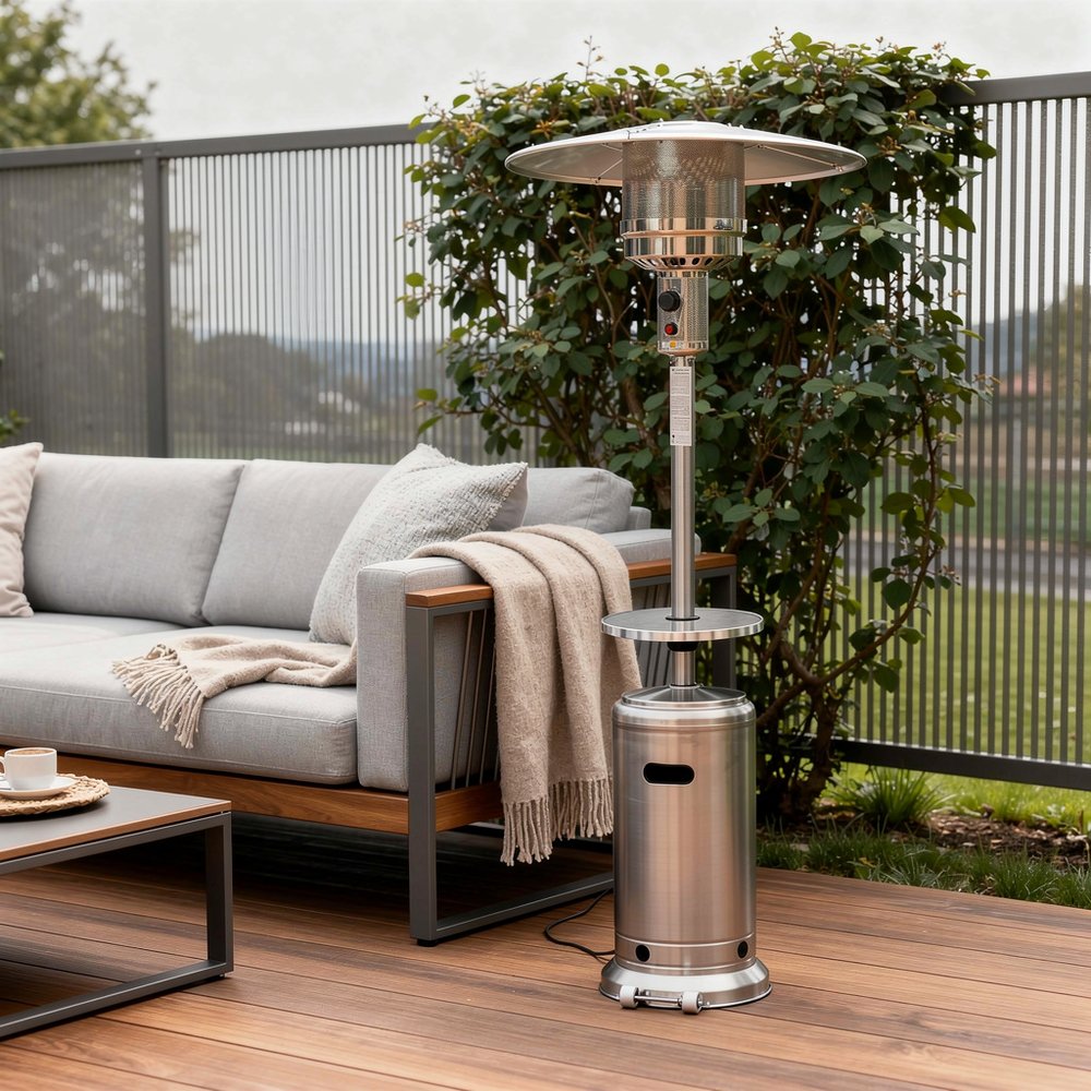 48000 BTU Silver Steel Propane Cylindrical Pole Standing Patio Heater HomeRoots