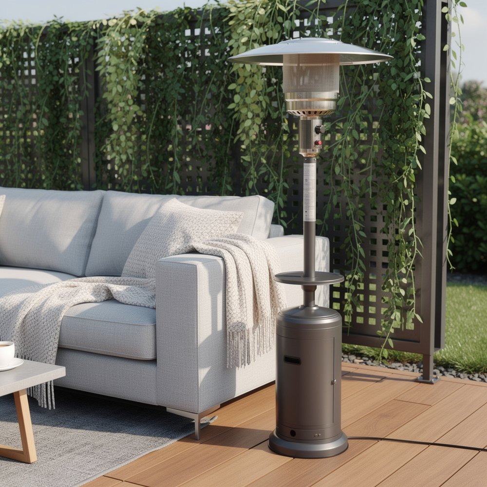 48000 BTU Silver Steel Propane Cylindrical Pole Standing Patio Heater HomeRoots