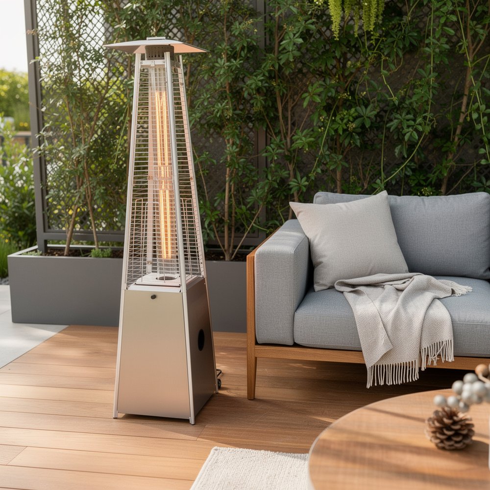 41000 BTU Silver Steel Propane Triangular Pyramid Standing Patio Heater HomeRoots