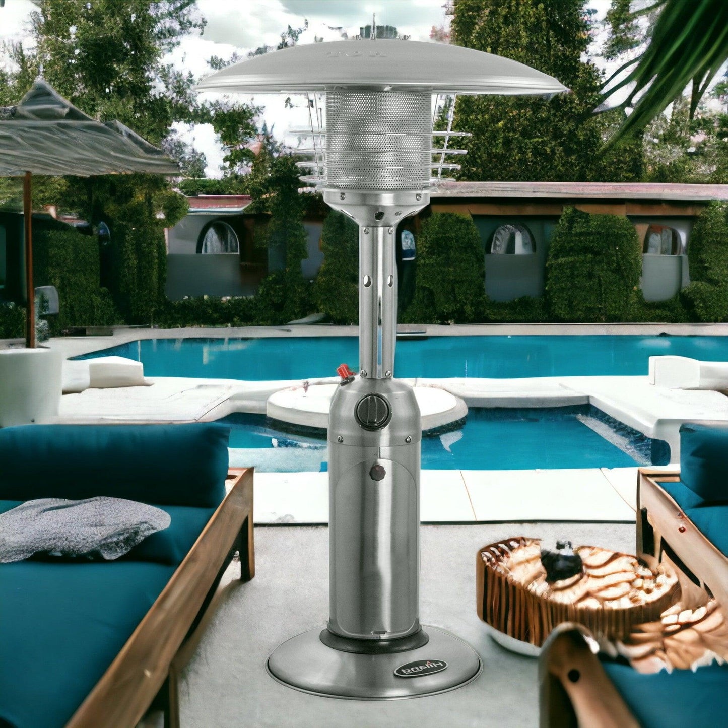 11000 BTU Silver Steel Propane Cylindrical Pole Tabletop Patio Heater - FurniFindUSA