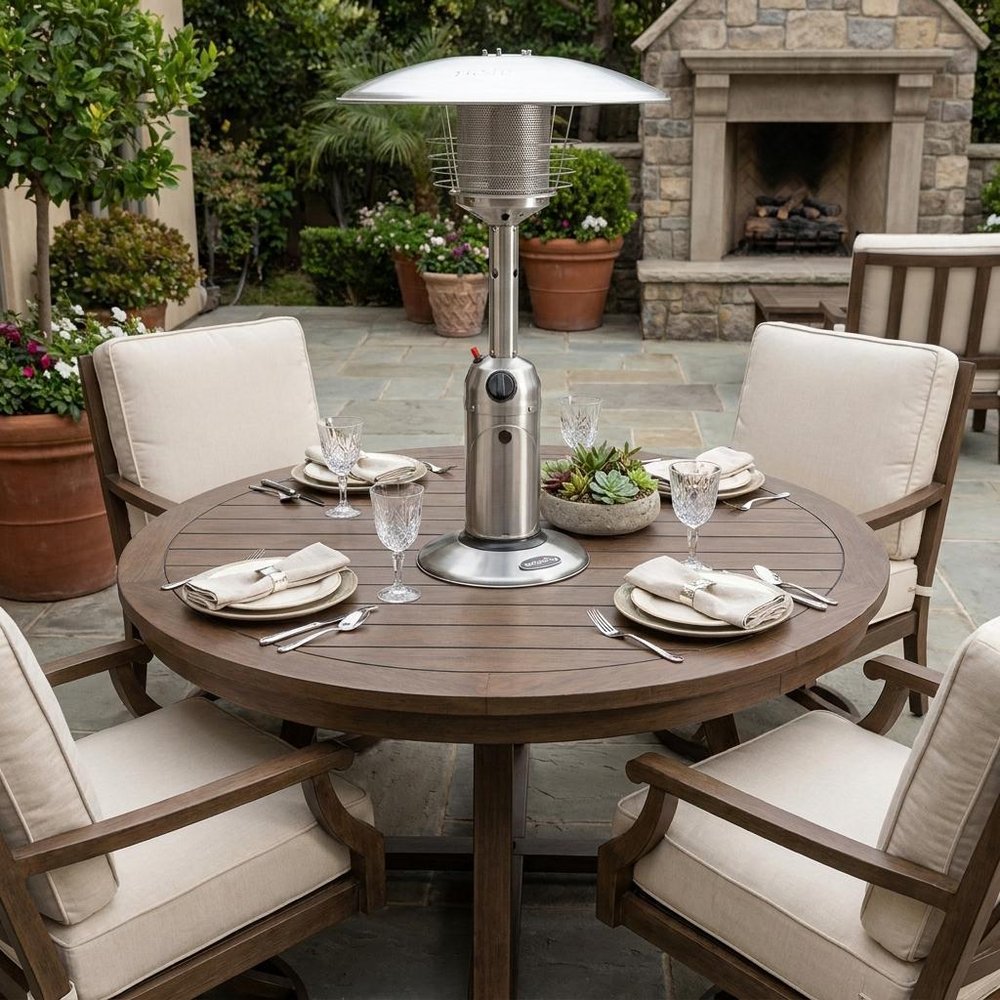 11000 BTU Silver Steel Propane Cylindrical Pole Tabletop Patio Heater HomeRoots