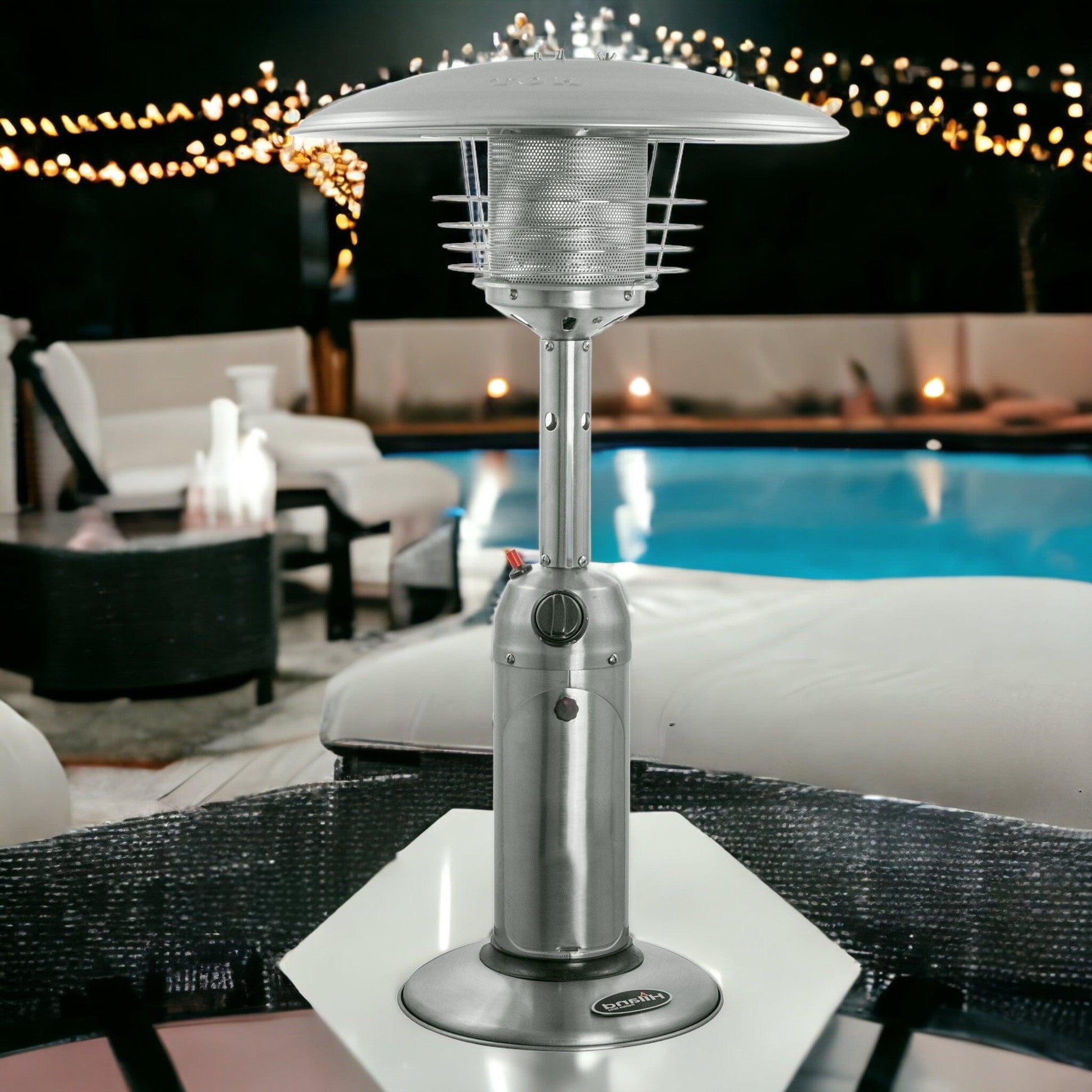 11000 BTU Silver Steel Propane Cylindrical Pole Tabletop Patio Heater - FurniFindUSA