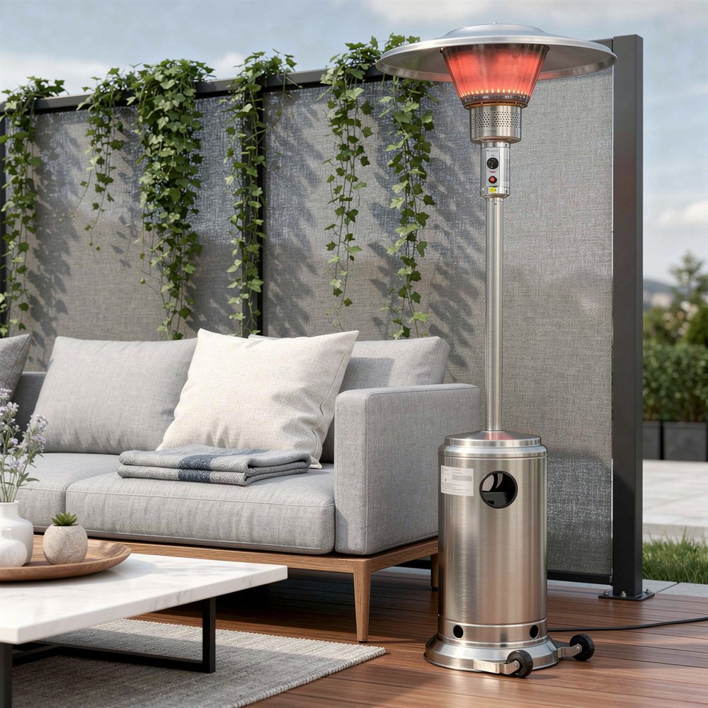 40000 BTU Silver Steel Propane Cylindrical Pole Standing Patio Heater HomeRoots