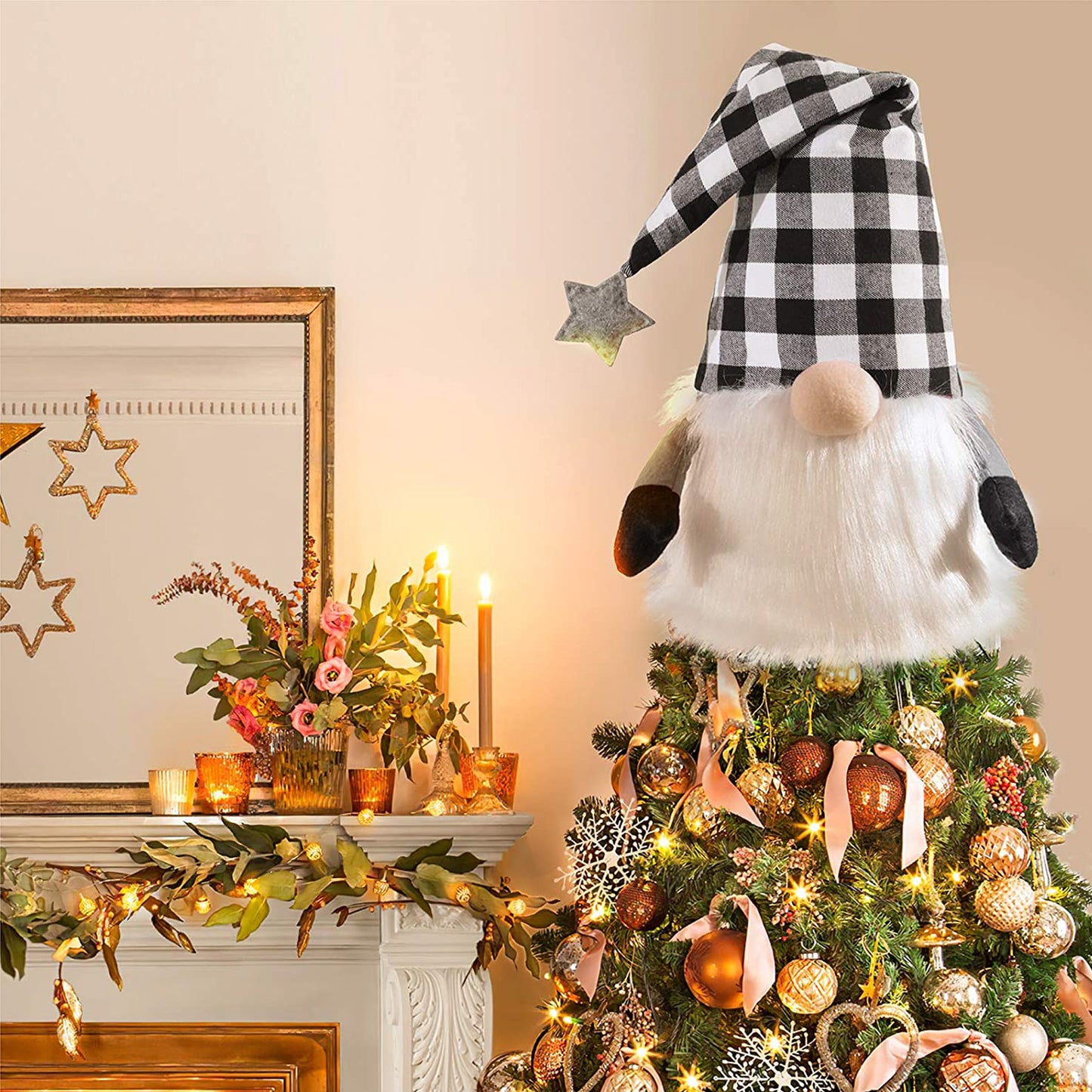 27" Black And White Felt And Faux Fur Gnome Adjustable Height Tree Topper