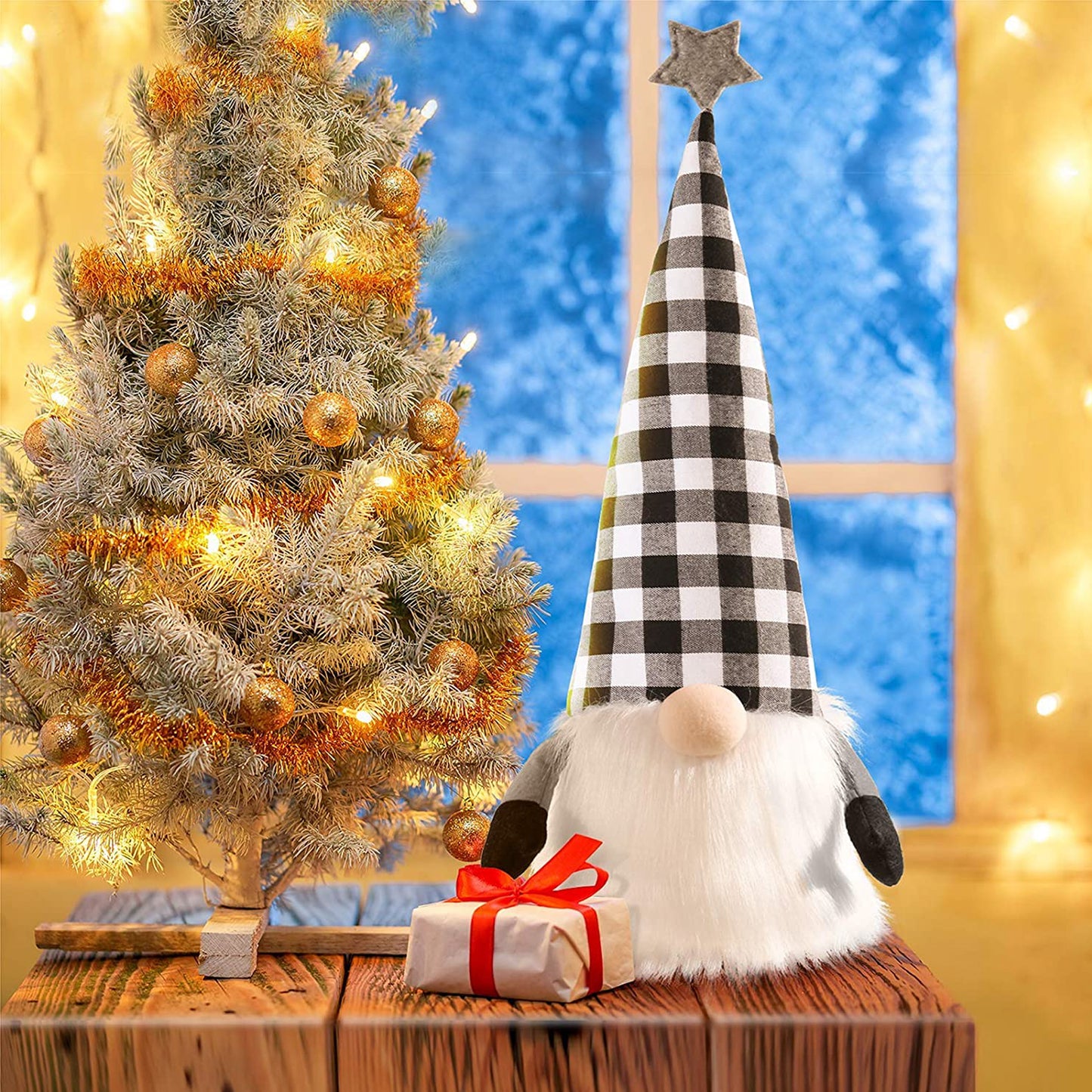 27" Black And White Felt And Faux Fur Gnome Adjustable Height Tree Topper