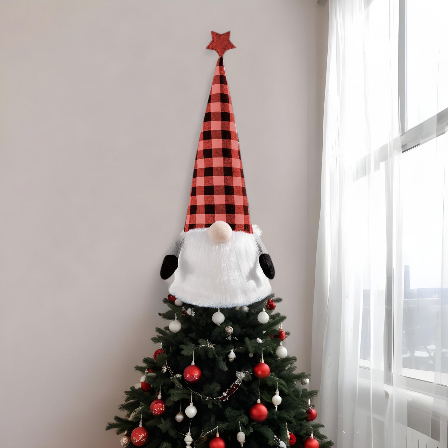 27" Black And Black Felt And Faux Fur Gnome Adjustable Height Tree Topper