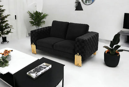 Stylish 69" Black Velvet And Gold Accent Loveseat - FurniFindUSA