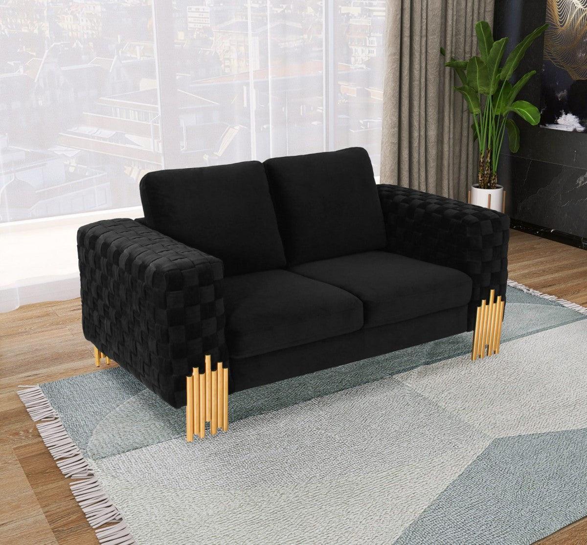 Stylish 69" Black Velvet And Gold Accent Loveseat - FurniFindUSA