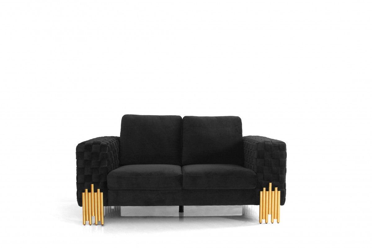 Stylish 69" Black Velvet And Gold Accent Loveseat - FurniFindUSA