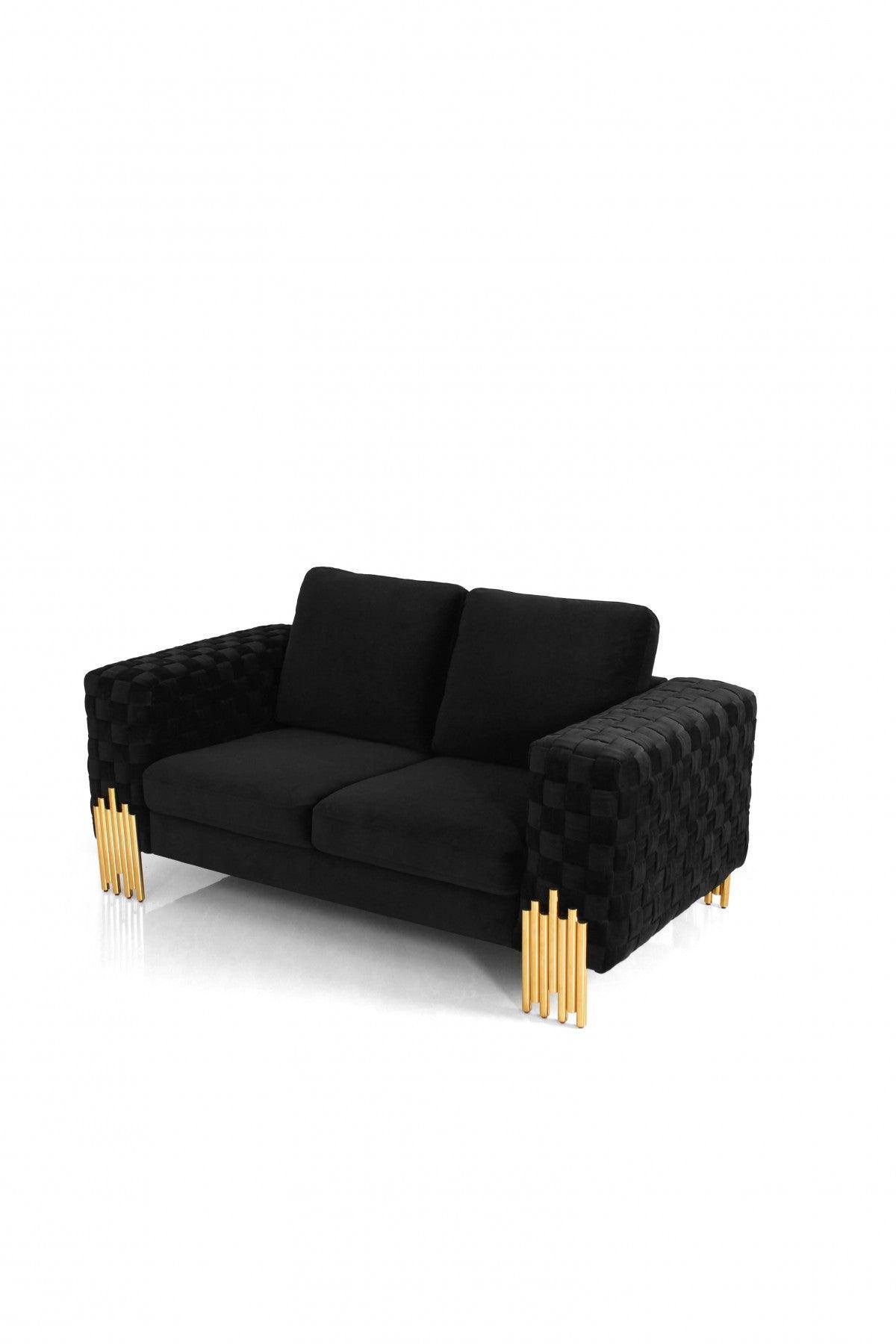 Stylish 69" Black Velvet And Gold Accent Loveseat - FurniFindUSA