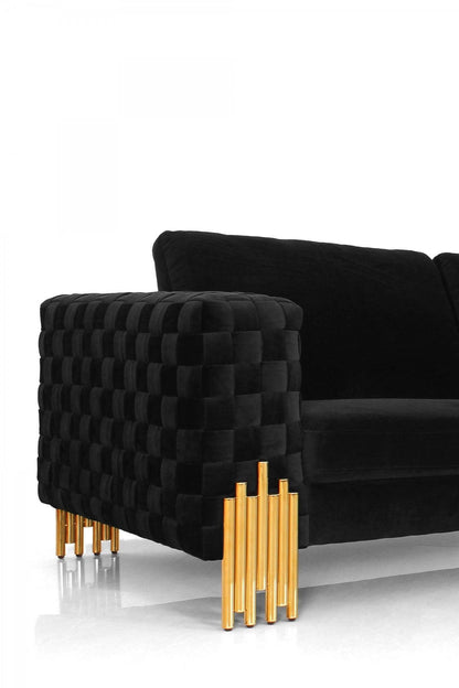 Stylish 69" Black Velvet And Gold Accent Loveseat - FurniFindUSA