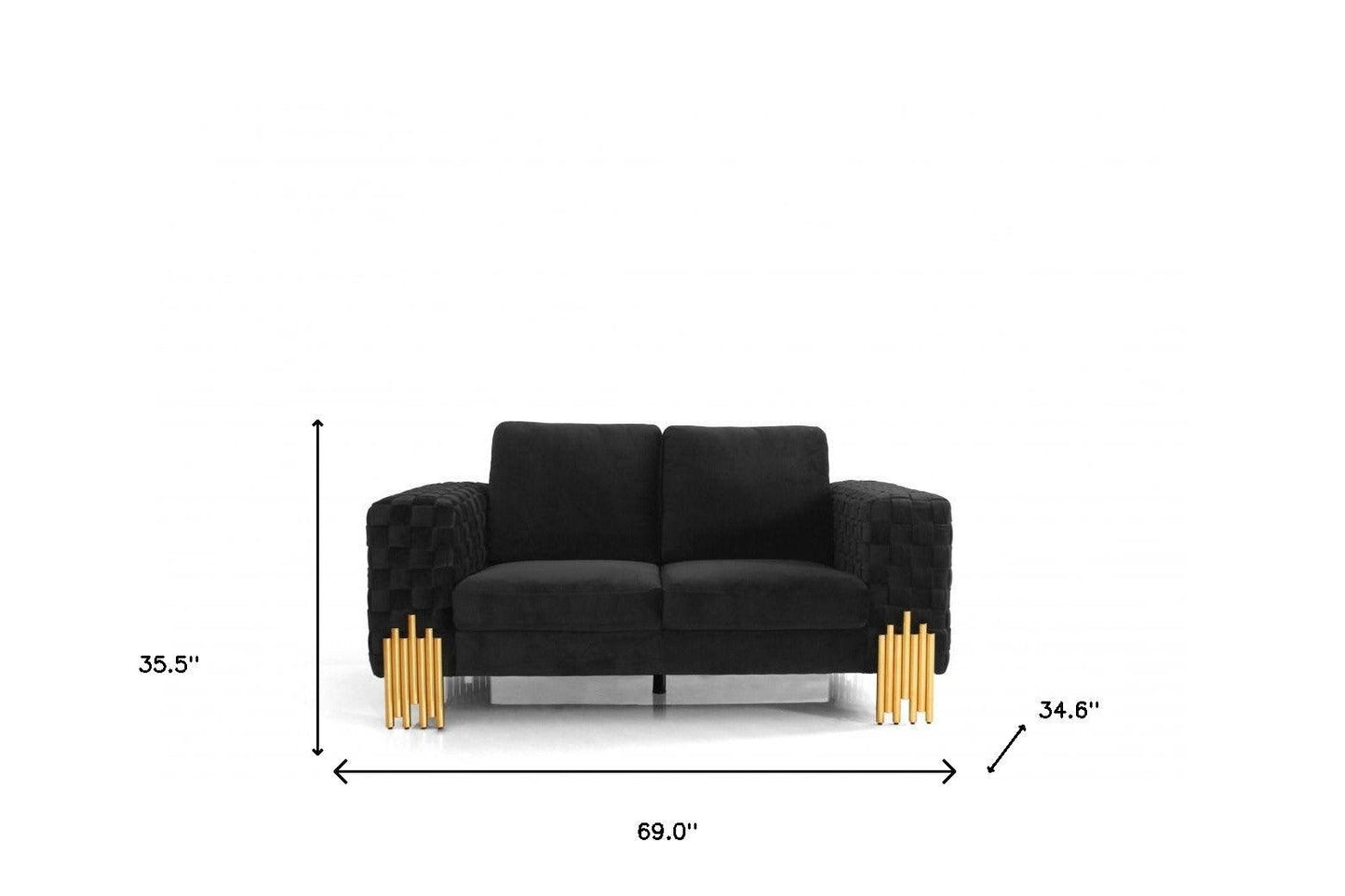 Stylish 69" Black Velvet And Gold Accent Loveseat - FurniFindUSA