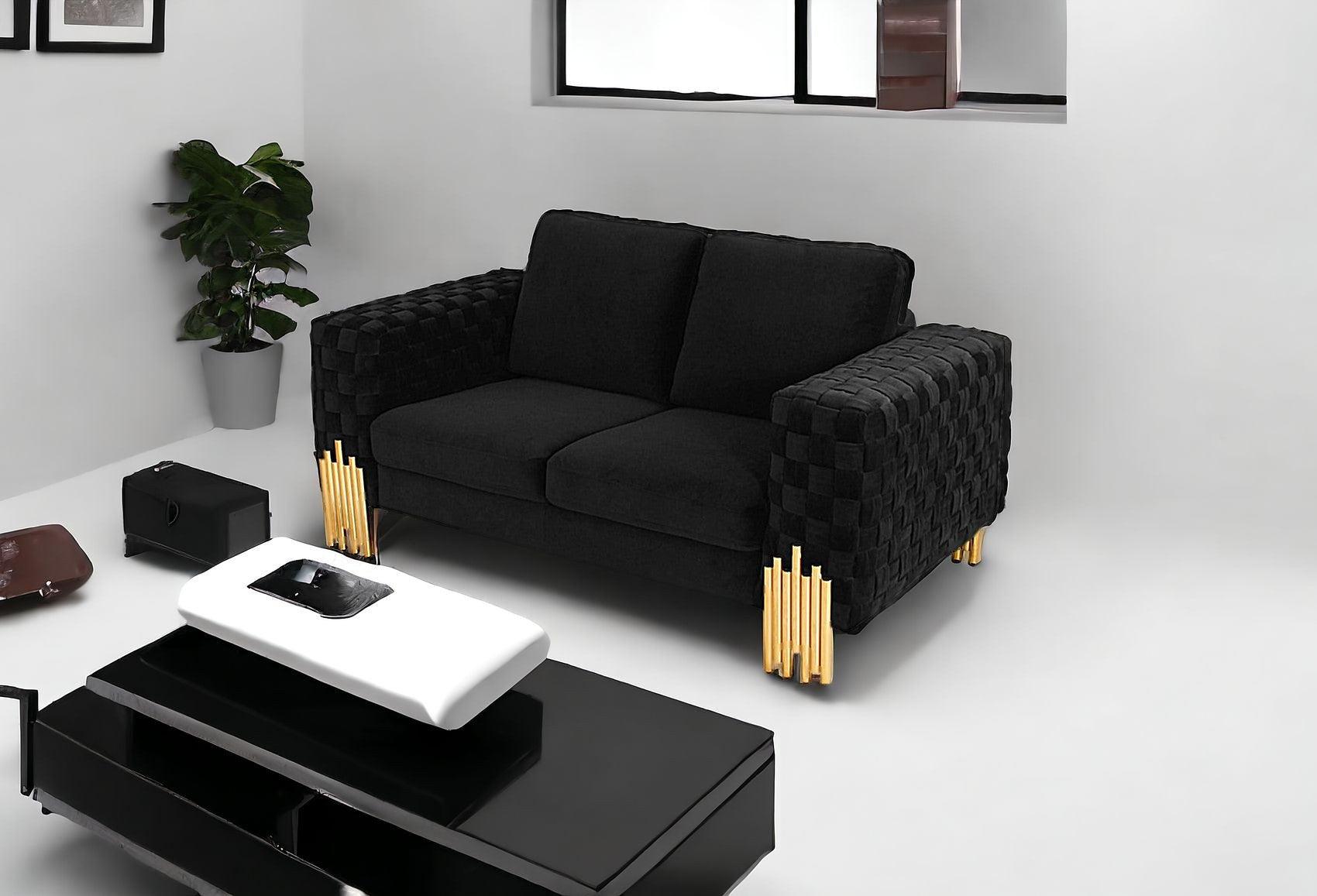 Stylish 69" Black Velvet And Gold Accent Loveseat - FurniFindUSA