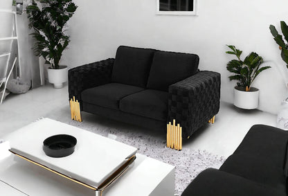 Stylish 69" Black Velvet And Gold Accent Loveseat - FurniFindUSA