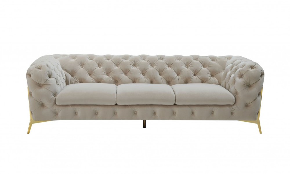 97" Beige Velvet Sofa With Gold Legs — view 1