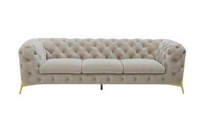 97" Beige Velvet Sofa With Gold Legs