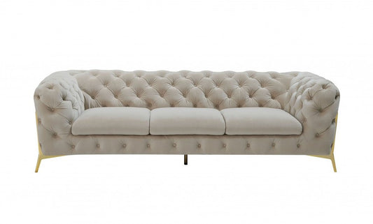 97" Beige Velvet Sofa With Gold Legs