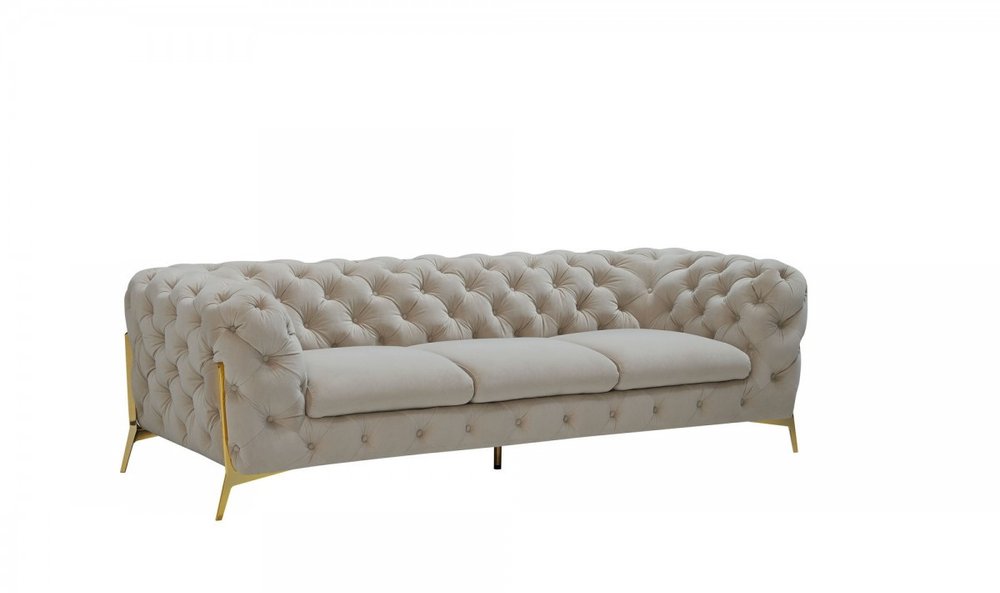 97" Beige Velvet Sofa With Gold Legs — view 2