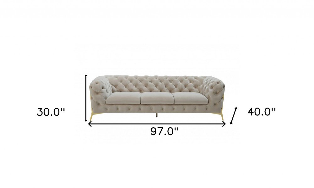 97" Beige Velvet Sofa With Gold Legs — view 6