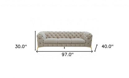 97" Beige Velvet Sofa With Gold Legs