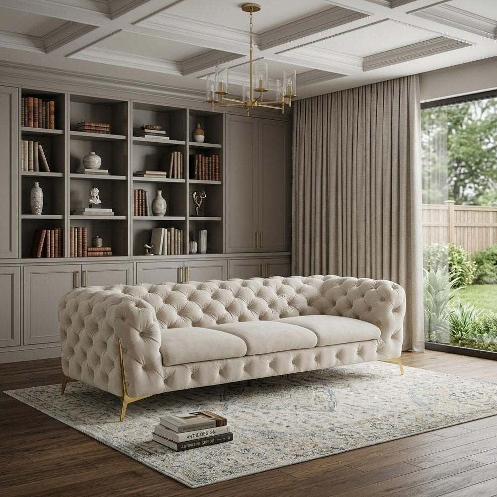 97" Beige Velvet Sofa With Gold Legs — view 7