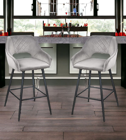 Set of Two 27" Gray And Black Velvet And Iron Low Back Counter Height Bar Chairs