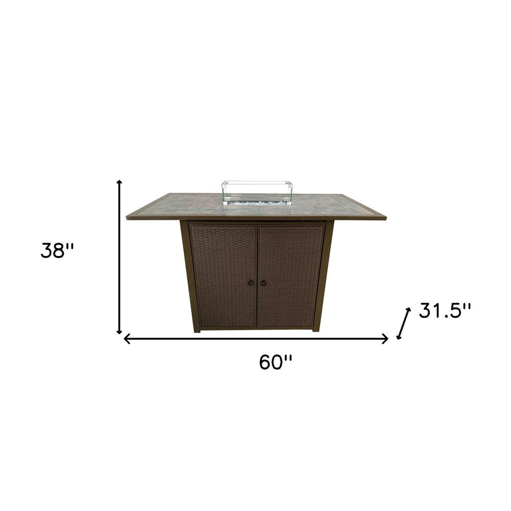 50000 BTU 60" Brown And Clear Glass And Steel Propane Rectangular Fire Pit Table With Cover HomeRoots