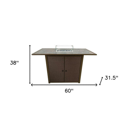 50000 BTU 60" Brown And Clear Glass And Steel Propane Rectangular Fire Pit Table With Cover HomeRoots